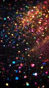 Multicolored bokeh glitter dust sparkles across dark surface