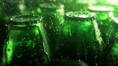 Green glass beverage bottles with condensation in close view.