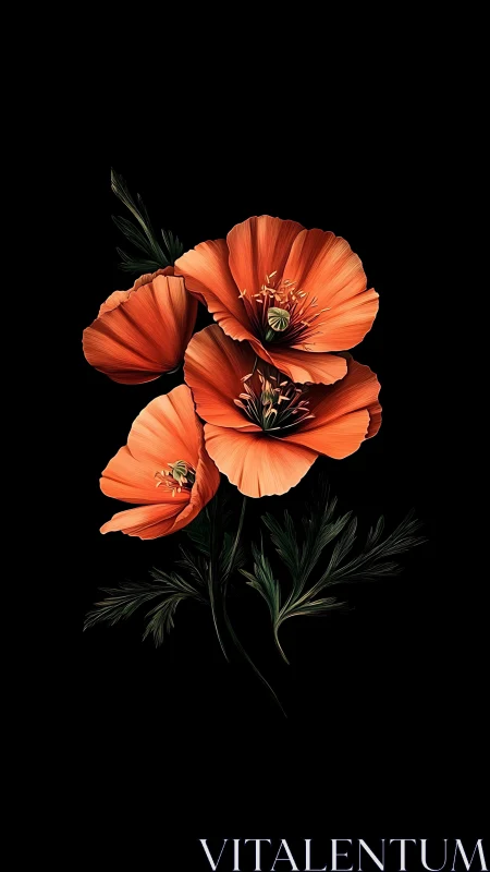 Orange poppies with dark foliage against black background