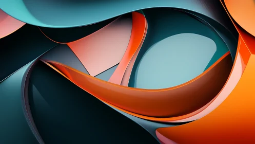 Layered curved 3D forms in teal, orange and coral tones.