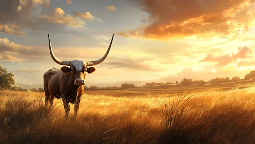 Longhorn standing in golden field under sunset sky.