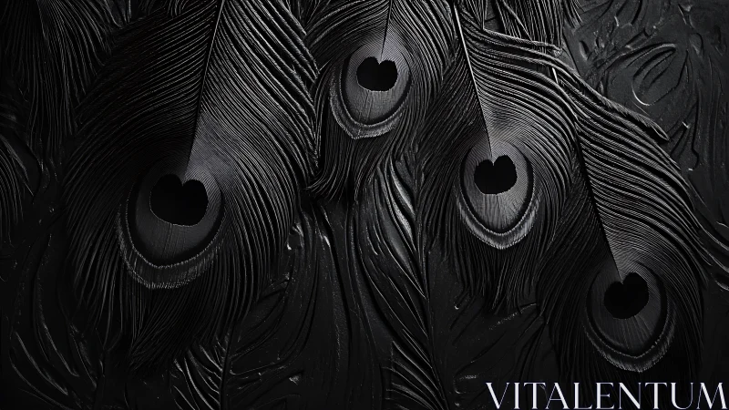 Black peacock feathers form sculptural monochrome pattern.