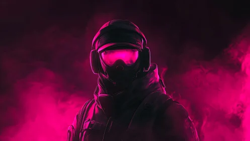 Neon tactical operative in magenta atmospheric haze.