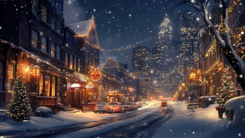 Snowy city street glows with cozy Christmas lights and life
