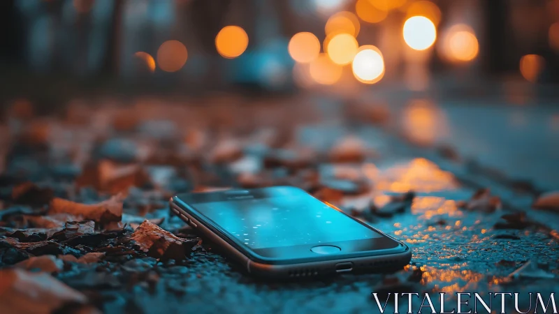 Lost smartphone glows on autumn street at blue hour.