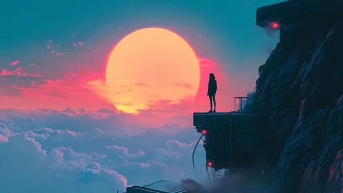 Solitary cybernoir figure facing oversized neon horizon sun