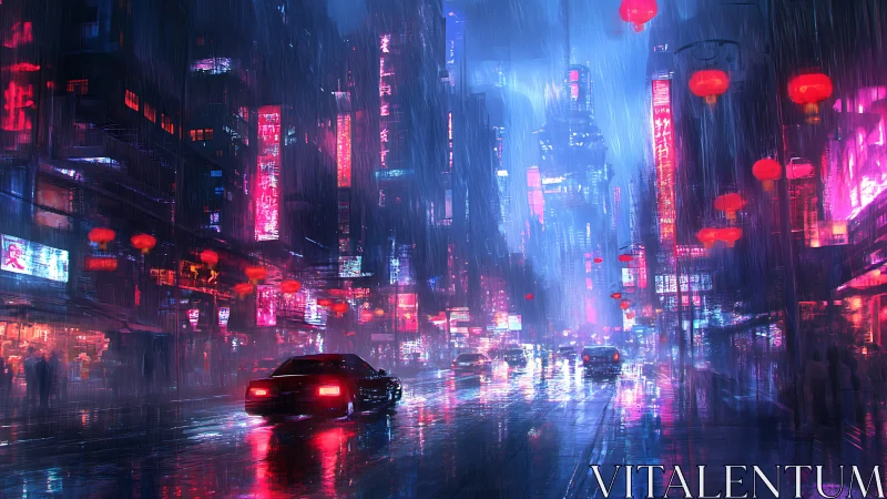 Neon-lit rainy city street with cars and high-rise buildings.