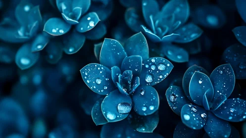 Water droplets resting on blue succulent plant leaves
