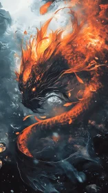 Infernal serpentine dragon coiling through stormy waters.