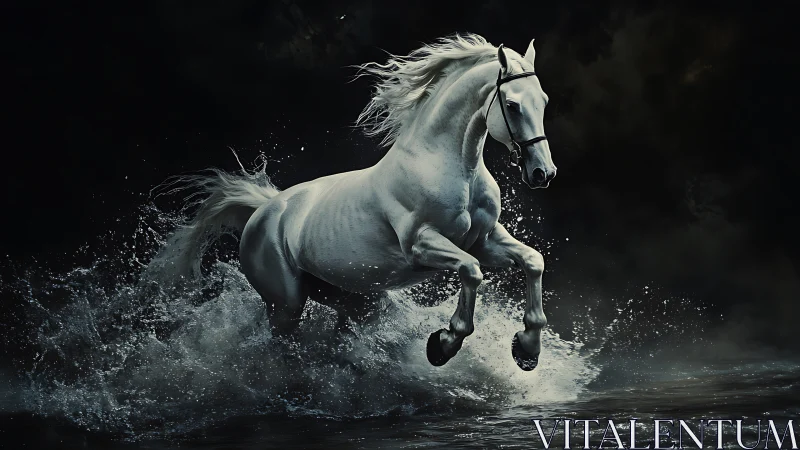 White horse runs through shallow water against dark backdrop