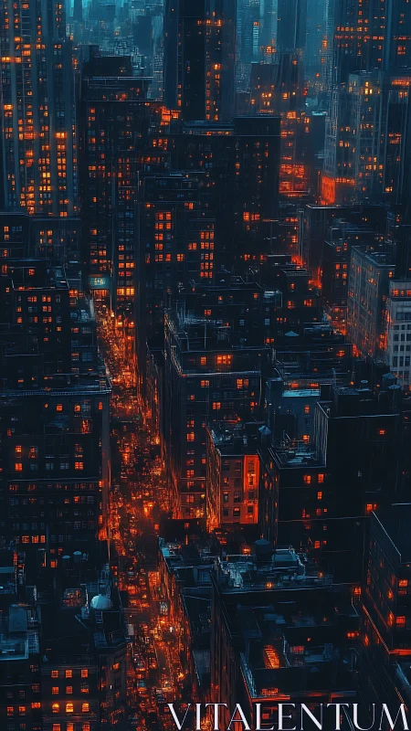 Dense high rise cityscape shows vertical grid of lit windows