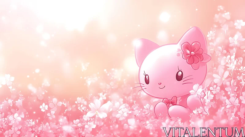 Pink anime kitten rests in glowing pastel flower field.