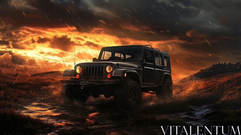 Off‑road utility vehicle under stormlit horizon in motion.