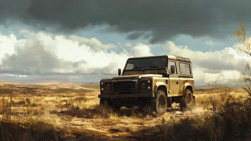Dust-kissed off-road defender idles beneath brewing desert sky.