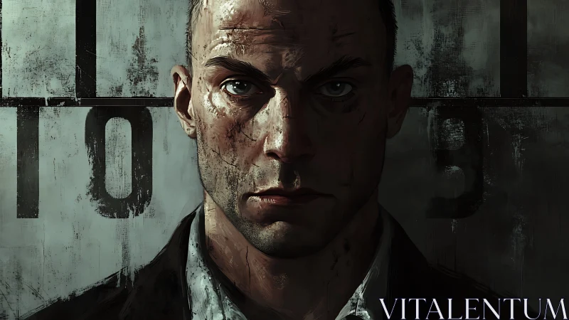 Scarred man stands under harsh split lighting before numbers