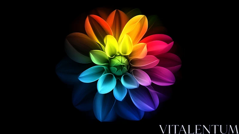 Radially symmetric rainbow flower with luminous translucent petals