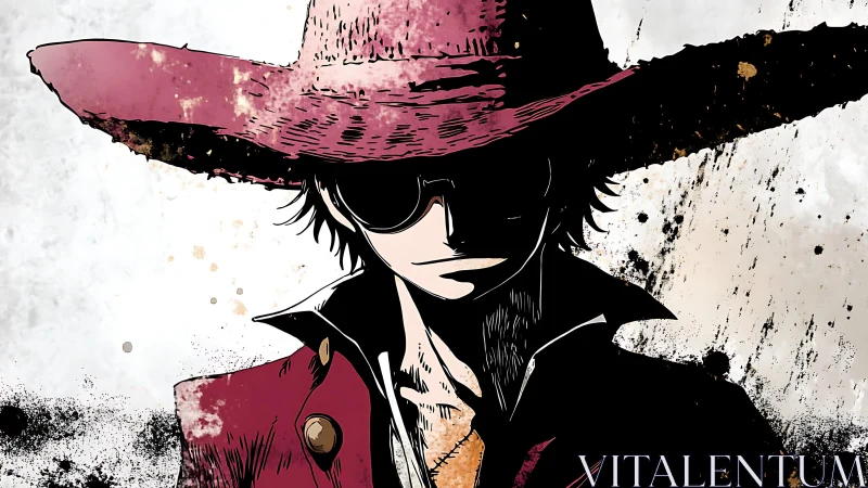 High-contrast anime portrait with ink splatter shading and deep hat brim