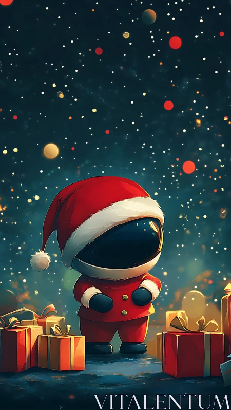 Astronaut Santa stands among glowing cosmic gifts.