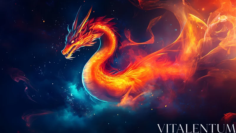 Luminescent fire dragon swirling through deep cosmic nebula