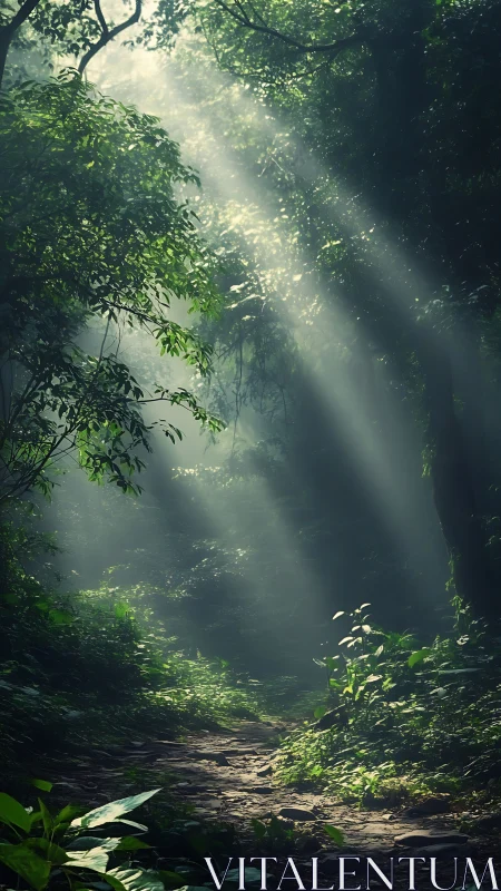 Sunlit Forest Path Through Misty Woodland Canopy.