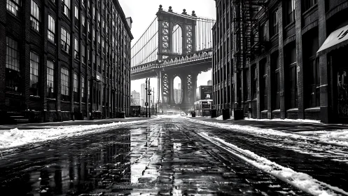 Snowy cobblestone street beneath large steel suspension bridge.