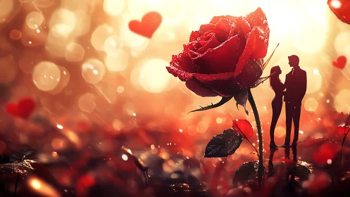 Silhouetted Couple Beneath Monumental Rose in Golden Bokeh.