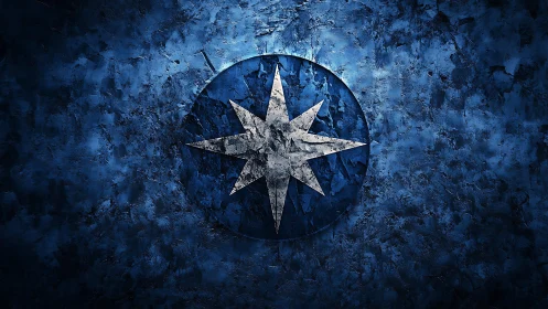 Grunge Textured Compass Rose on Blue Abstract Background.