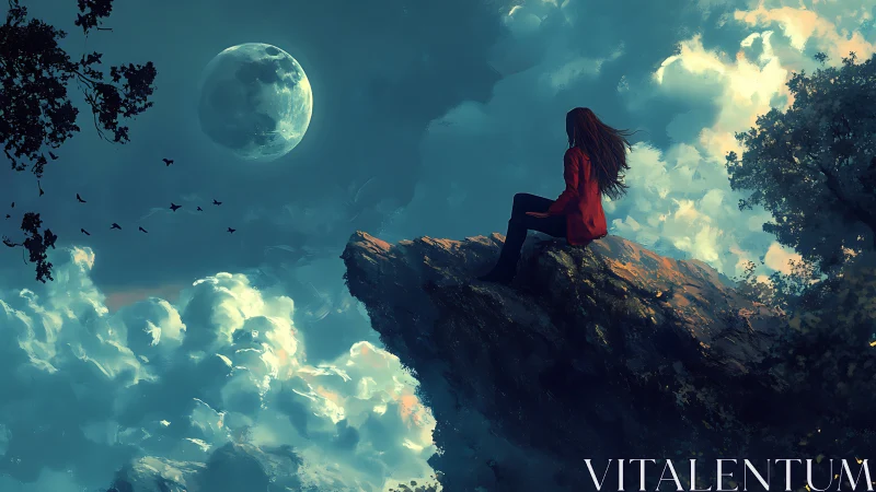 Figure on cliff edge under large moon and dense clouds.