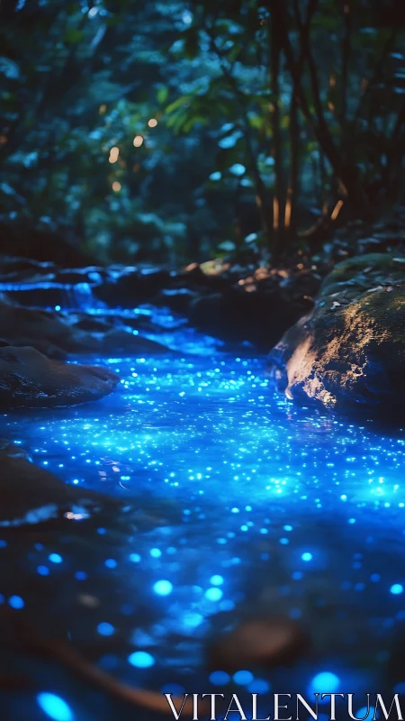 Bioluminescent stream glows through dense nocturnal forest