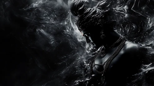 Serene divine figure rising from swirling cosmic shadows.