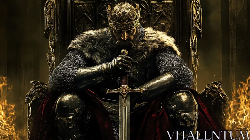 Armored monarch sits on carved throne with sword centered