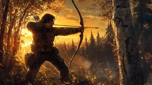 Forest archer drawing bow at blazing autumn sunset.