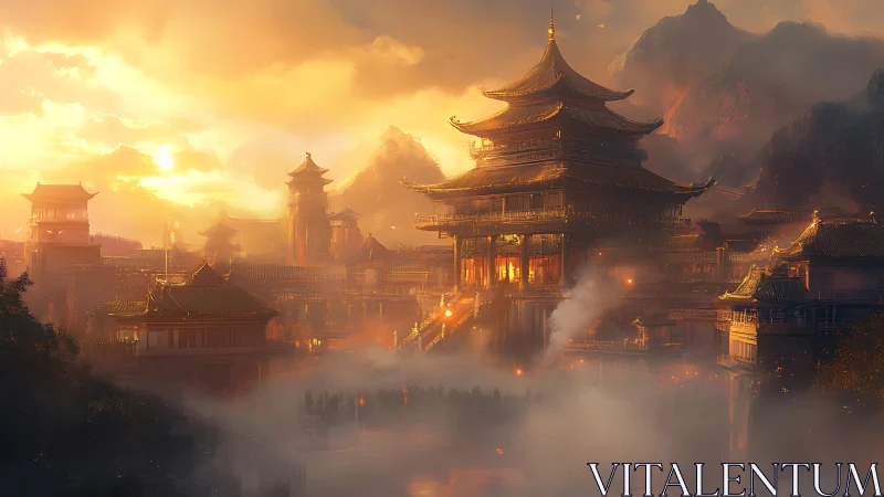 Sunlit mountain palace with tiered pagodas in dense mist.