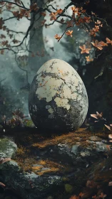Mystic stone egg resting in mossy autumn forest glade.