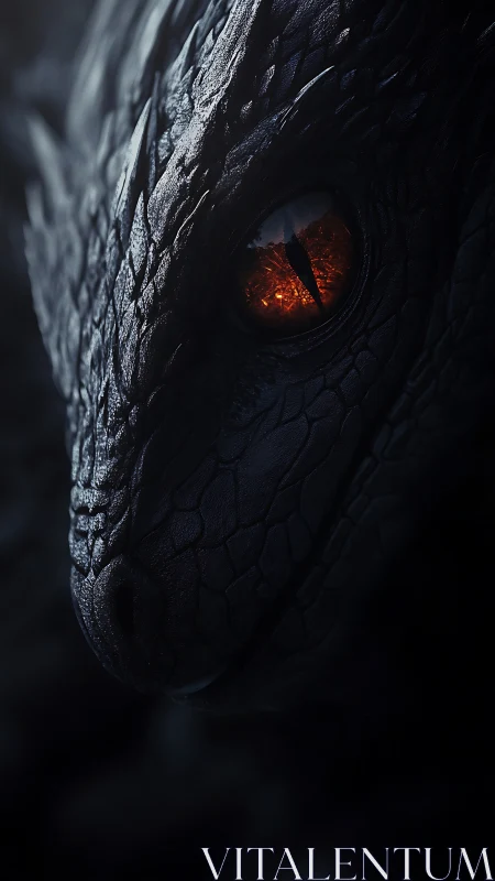 Dragon eye glows through shadowed obsidian scales.