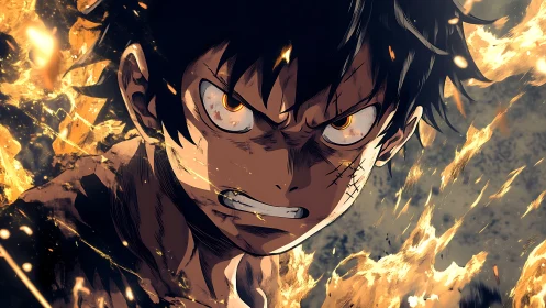 Battle-hardened anime hero amid dynamic blazing embers.