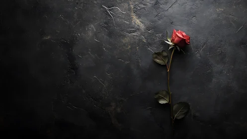 Single Red Rose on Dark Textured Surface.