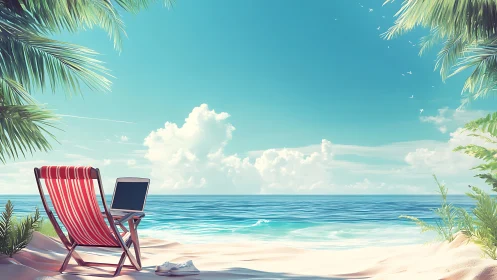 Digital beach scene with striped lounge chair and laptop against turquoise ocean horizons