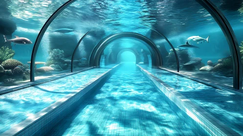 Submerged glass tunnel pool drifting through coral dreams.