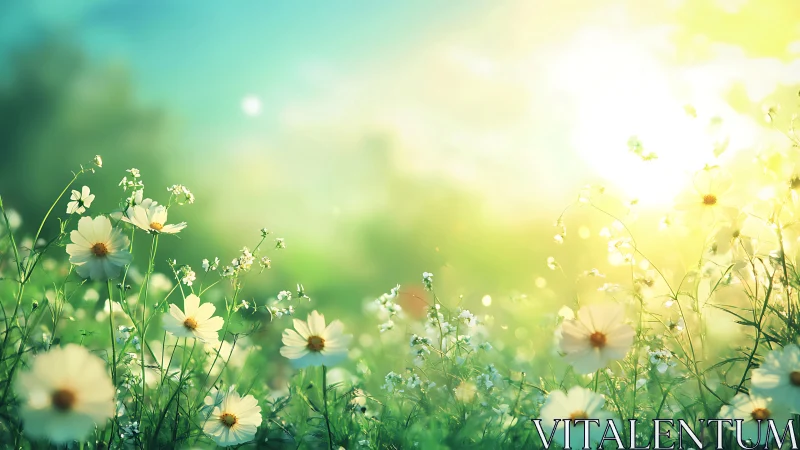 Soft morning sunlight bathes a tranquil wildflower meadow.