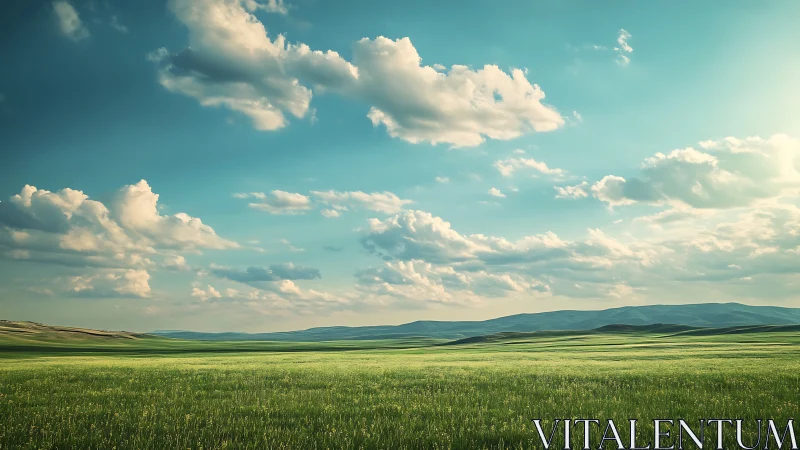 Wide-angle pastoral plain under cumulus cloud-streaked sky