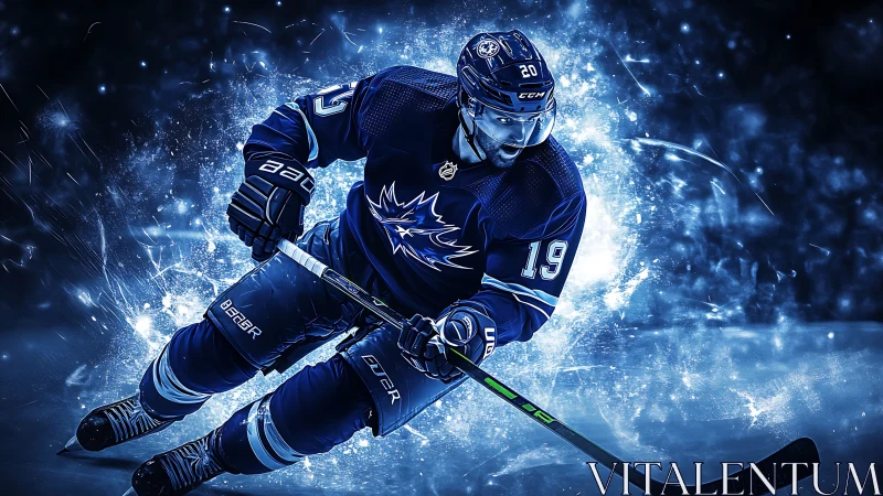 Electric ice hockey hero racing through a storm of blue light.