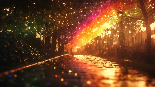 Rainy park path under glowing rainbow light and foliage.