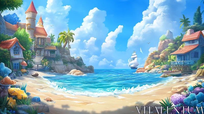 Fantastical Seaside Settlement: Turret Architecture Amid Tropical Coastal Landscape