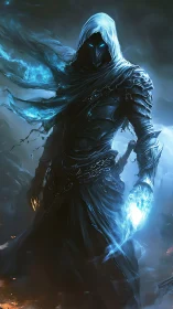 Hooded wraith channels blue arcane fire within storm