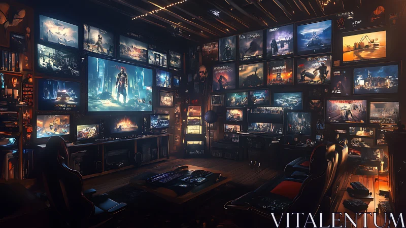 Immersive gaming command room glows with cinematic screens