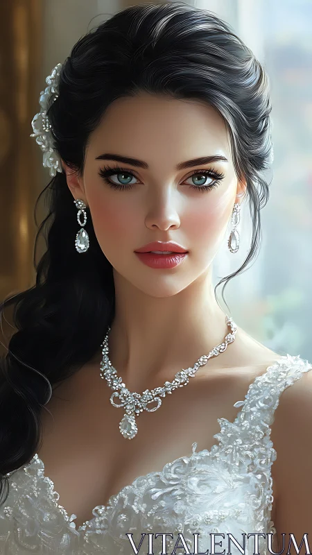 Digital portrait of woman in ornate white bridal gown.