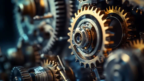 Interlocking brass gears rotate within precision mechanical system