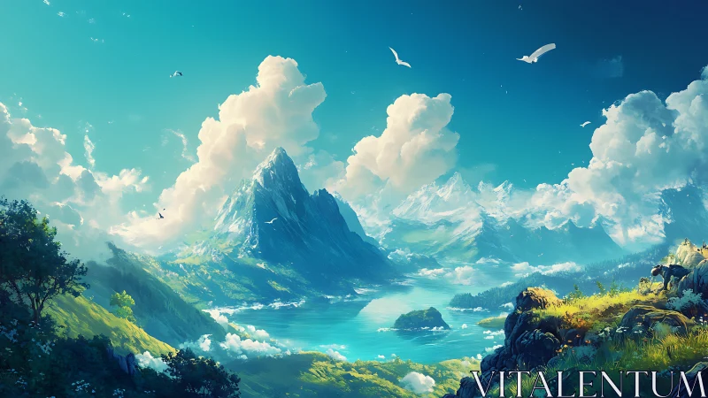 Luminous alpine fjord landscape under soaring cumulus clouds.