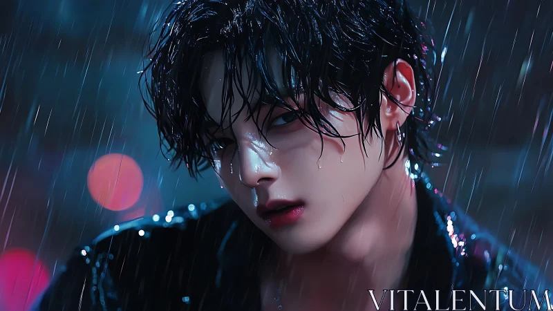 Wet-haired youth under rain with blurred city lights.